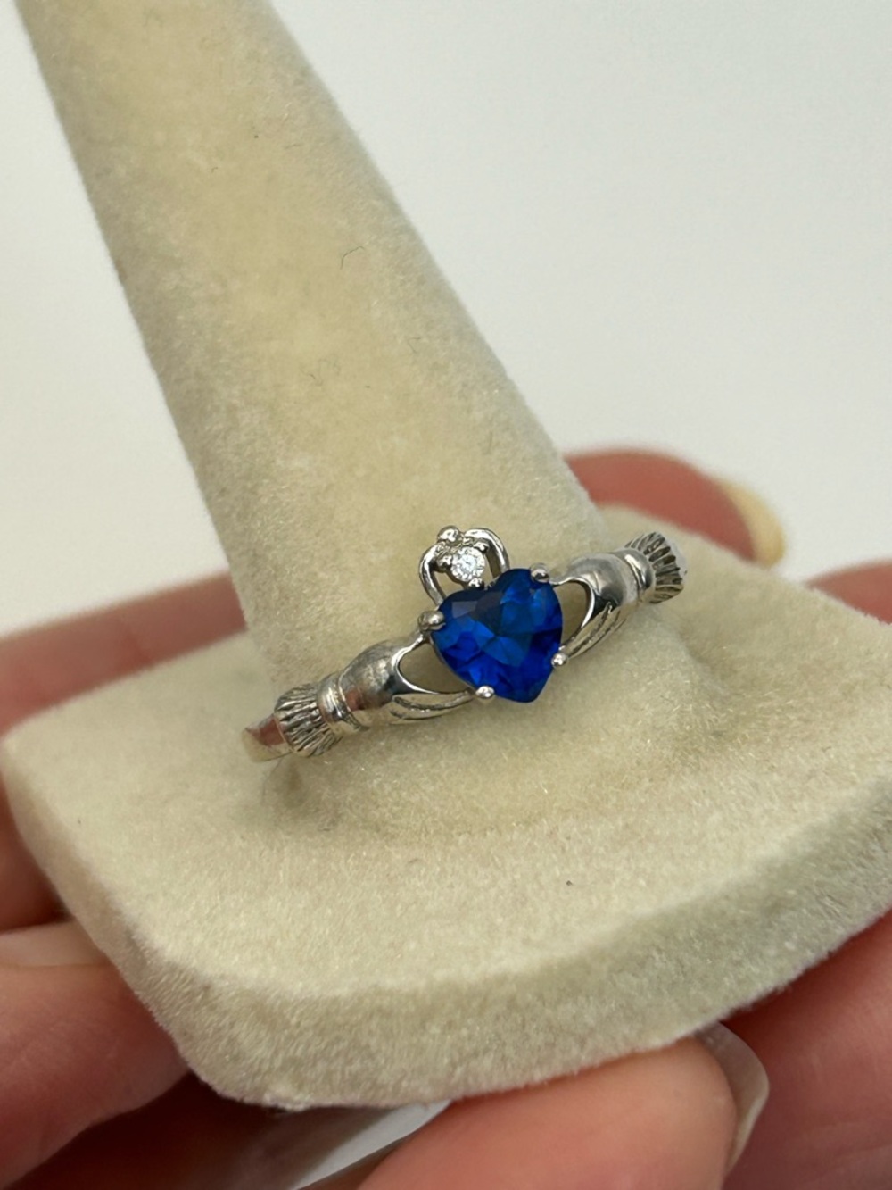 Sterling Silver Claddagh Ring Heart-Shaped Blue Stone Stamped 925 Size 10 - Picture 2 of 12
